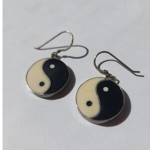 Vintage 925 Sterling Yin Yang Drop Earrings Black White Vintage Hook Dangle